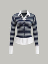 2 in 1 Striped Ribbed Paneled Long-Sleeve Blouse
